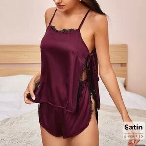 SHEIN Satin Burgundy Pajama Set with Lace Trim